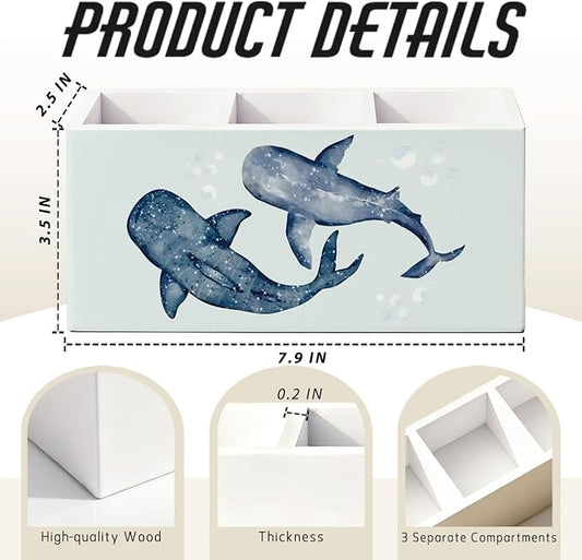 Blue Whale Shark Beach Pen Pencil Holder for Desk, Whale Shark Gifts, Beach Office Decor, Coastal Ocean Marine Biology Wooden Box Sign Decorations for Home Office Desk Tabletop