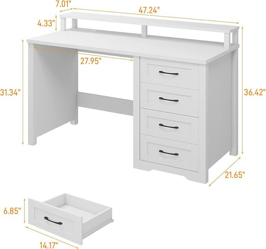 Vabches 47" Farmhouse Executive Desk with Monitor Stand and LED Lights,4 Drawers Computer Desk with Power Outlets,Large Workspace for Work Study Writing.(White)