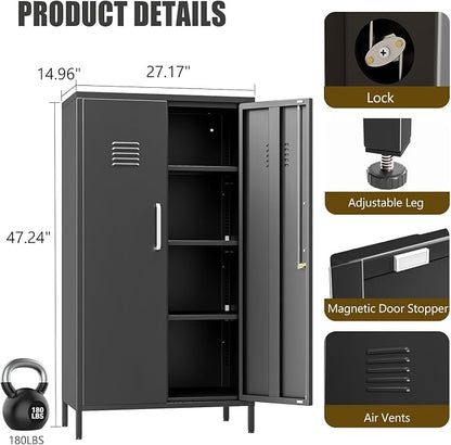 erosoei 47.24" H Metal Locker Storage Cabinet, Office Locker with 3 Adjustable Shelves, Steel Cabinet with 2 Doors, High Leg Organizer for Home Office, Kitchen, Living Room, Bedroom and Bathroom.
