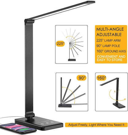 Led Desk Lamp, Desk Lamp with USB Charging Port, 5 Color Modes, 10 Brightness, Natural Light, Eye Caring Reading Lamp, Desk Light for Home Office, Table Lamp, Touch Control, Auto-Timer, Black