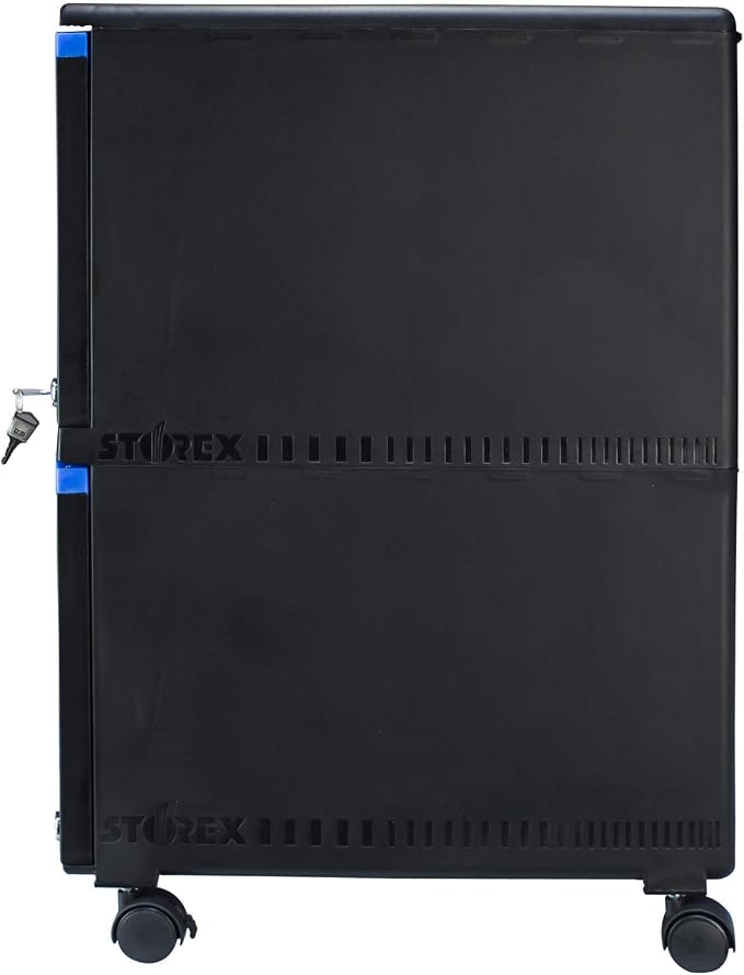 Storex Plastic Two-Drawer Mobile Pedestal File Cabinet – Locking Document Organizer with Casters for Home and Office, Black, 1-Pack (61314C01C)