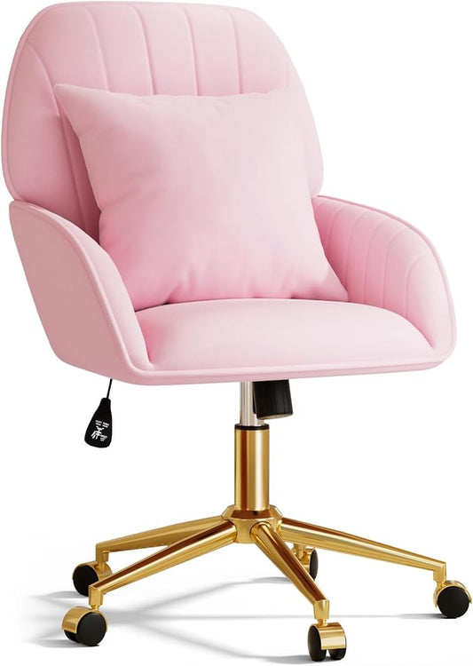 Pink Velvet Desk Chair with Pillow, Upholstered Home Office Desk Chair Makeup Vanity Chair with Swivel Wheels, Ergonomic Office Chair Computer Task Chair for Living Room, Bedroom