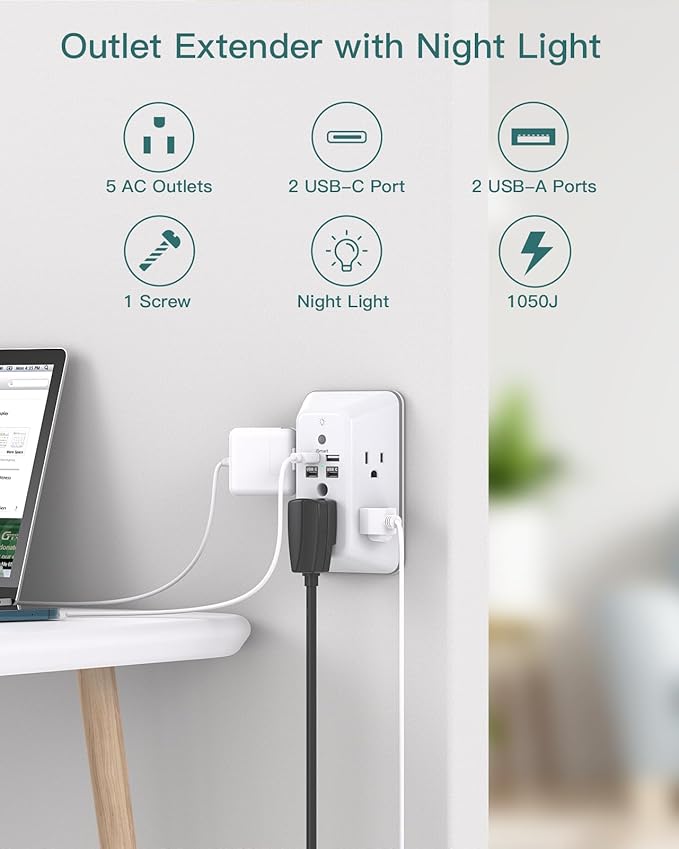 Addtam Surge Protector Outlet Extender, Plug Extension Outlet with Night Light, 5-Outlet Splitter and 4 USB Ports(2 USB C), Multi Plug Wall Outlet for Home Office Dorm Room Essentials