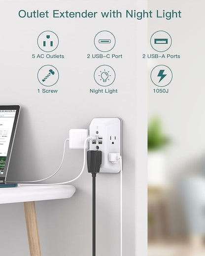Addtam Surge Protector Outlet Extender, Plug Extension Outlet with Night Light, 5-Outlet Splitter and 4 USB Ports(2 USB C), Multi Plug Wall Outlet for Home Office Dorm Room Essentials