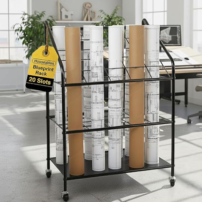 Houseables Blueprint Holder, Blueprint Storage, Construction Plan Holder, Storage Rack, Print Rack, Map Cabinet, Poster Display, Blue Print Organizer On Wheels, Architect, Paper, Tube, 20 Slot Cart