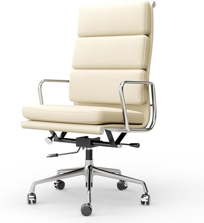High-Back Executive Genuine Leather Office Chair, with Aluminum Arms and 5-Star Base, Modern Rolling Desk Chair with Silent Wheels, Lumbar Support, High-Adjustable, Tilting for Home & Office