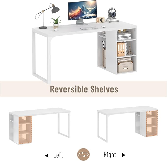 EXCEFUR White Computer Desk with Storage Shelves, Modern Home Office Desk, Reversible Wood and Metal Writing Study Table Workstations for Living Room Bedroom, 53 Inch