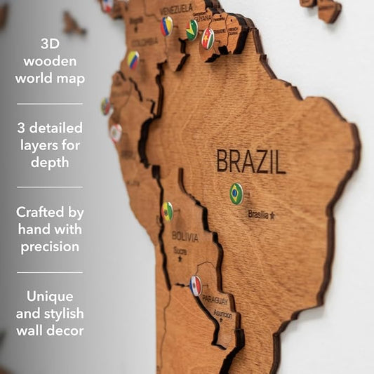 Enjoy The Wood 3D Wooden World Map Wall Art - Large Travel Map with Pins for Art Decor - Decorative Map of the World for Home, Office - Travel Wall Art Housewarming Gift Idea (Oak, 3XL, Unframed)