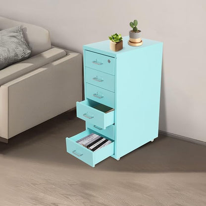 Vertical File Cabinet, 6 Drawers Rolling File Organizer Cabinets with Lock, Heavy Duty Metal Storage Cabinet, Movable Under Desk Filing Cabinet for Office, Study, Dresser (Blue)