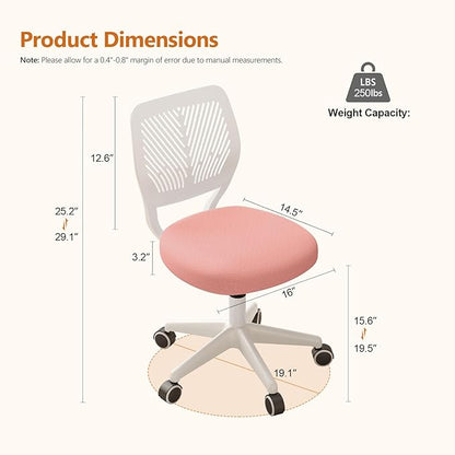JPBSTO Armless Desk Chair, Height Adjustable Swivel Office Rolling Task Chairs with Soft Mesh Padded Cushion, Ergonomic Small Study Computer Chair for Girls Boys Teens (Pink, 2PCS)
