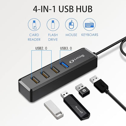 SmartQ 4-Port Hub - 1 USB 3.0 + 3 USB 2.0 Ports for MacBook, Mac Pro, Mac mini, iMac, Surface Pro, XPS, PC, Flash Drive, Mobile HDD, Laptop Extension Cable