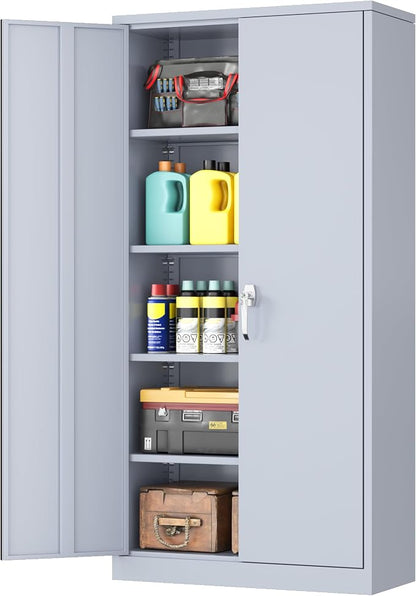 INTERGREAT Metal Garage Storage Cabinet with Lock, 72" Storage Cabinet with Locking Doors and 4 Adjustable Shelves, Lockable Steel Tool Cabinet for Home Office, School, Cement Grey