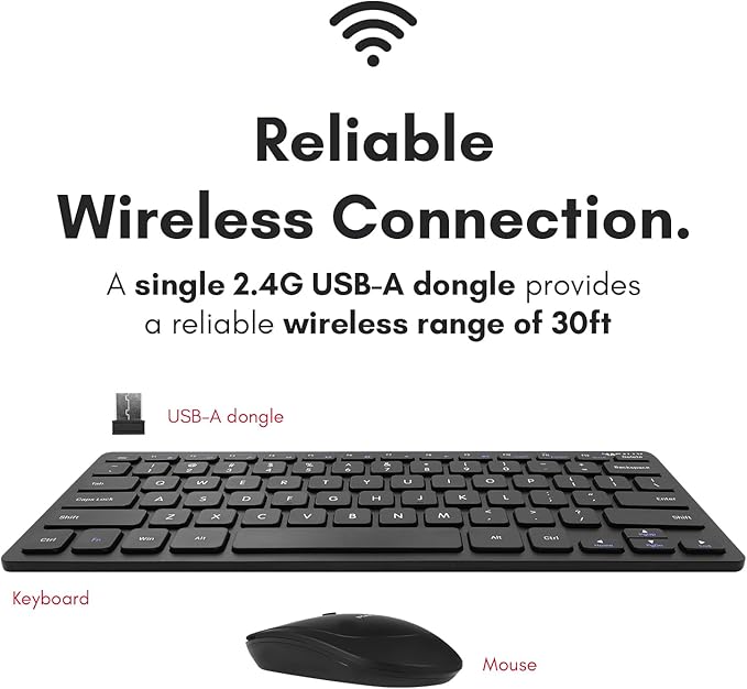 Macally Small Wireless Keyboard and Mouse Combo - Quiet Productivity Duo - 2.4G Wireless Compact Keyboard and Mouse for PC - 78 Key Mini Keyboard and Mouse with Slim Body, Click Buttons, & 3 DPI Modes