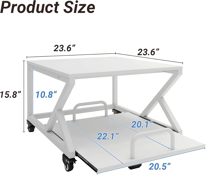 Natwind 2 Tier Printer Stand,23.6''x23.6'',with Pull Out Shelf,White | Easy Reach for Lower Shelf Items,Rolling Printer Cart with Wheels,Fits Under Desk,Supports 205lbs,for Home Office Kitchen