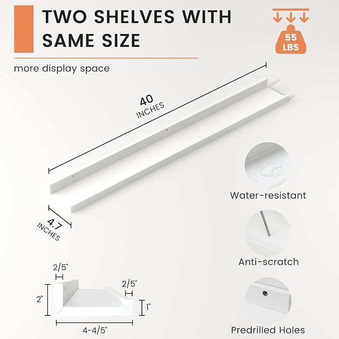 FLYJOE Picture Ledge Shelf, Floating Shelves Set of 2, 40 Inches Nursery Book Shelves for Toys Storage, Kids Bookshelf Wall Mounted for Living Room Bedroom Decor Books Photo Frames, White