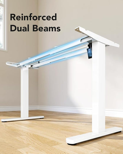 HUANUO Standing Desk Frame with 220lbs Powerful Brushless Motor, Double Crossbeam Structure, Thick Adjustable Desk Legs, for Max 35.4″ x 86.6″ Desktop, for Home Office, White Frame Only