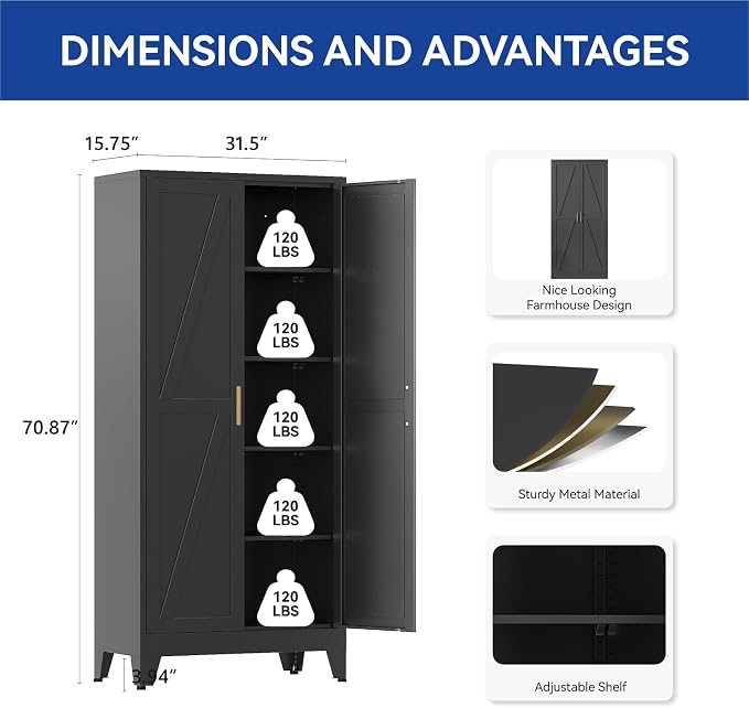 COFaR 71'' Tall Metal Storage Cabinet, Farmhouse Kitchen Pantry Cabinet with Doors and 4 Adjustable Shelves, Black Metal Cabinets for Garage, Kitchen, Bathroom, Laundry, 5-Tier