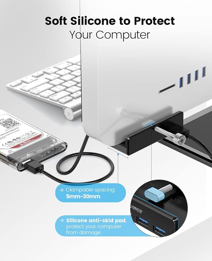 ORICO USB 3.0 Hub, USB Hub Clamp, Aluminum 4-Port USB Splitter with 4.92 FT USB Data Cable, Desktop Powered USB Hub for Monitors/Desks-Black (Without Power Adapter)