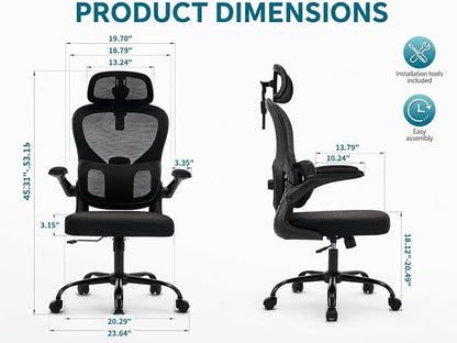 Ergonomic Office Chair with Adjustable Headrest & Lumbar Support, High Back Mesh Desk Chair, 330 LBS Capacity Swivel Computer Chair with Flip-Up Arms, Home Office Gaming Chair(Black)