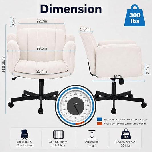 Criss Cross Office Chair with Wheels and Arms, Vanity Chair with Back, Comfy Swivel Cross Legged Office Chairs for Ultimate Comfort and Support, Unique Multifunctional Stylish Arms (Fabric Beige)