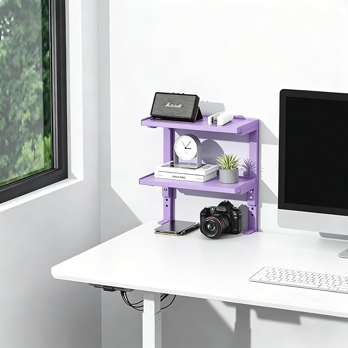 2-Tier Desk Shelf, Expandable Under Desk Storage, Clamp on Desk Shelf, Desktop Accessories for Offices, Study Rooms, and Game Rooms (Purple)