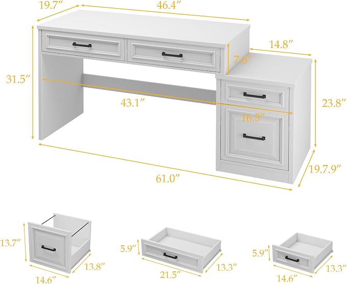 Vabches 61" Farmhouse Computer Desk with Storage and File Drawer, Executive Desks with Printer Stand, Rustic Large Home Writing Desk for Home Office.White