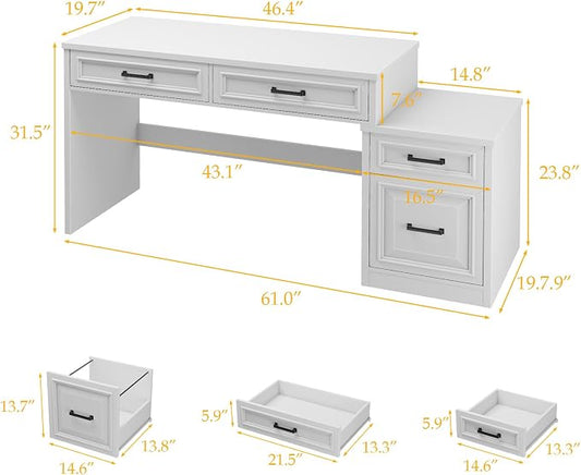 Vabches 61" Farmhouse Computer Desk with Storage and File Drawer, Executive Desks with Printer Stand, Rustic Large Home Writing Desk for Home Office.White