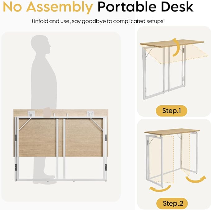 alawooder Folding Desk - 39.4” Wood Top Foldable Desk for Small Spaces | No Assembly Required Compact Desk for Home Office, Writing, and Study