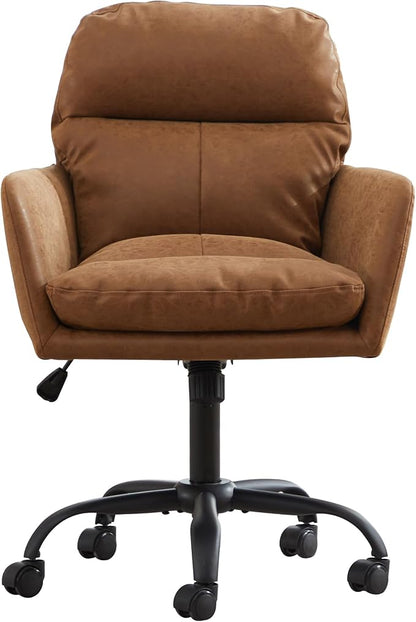 YITAI Adjustable Home Office Desk Chair with Comfy Square Mid-Back, Faux Leather 360 Swivel Upholstered Task Armchair with Wheels for Vanity Bedroom/Living Room,Study Brown