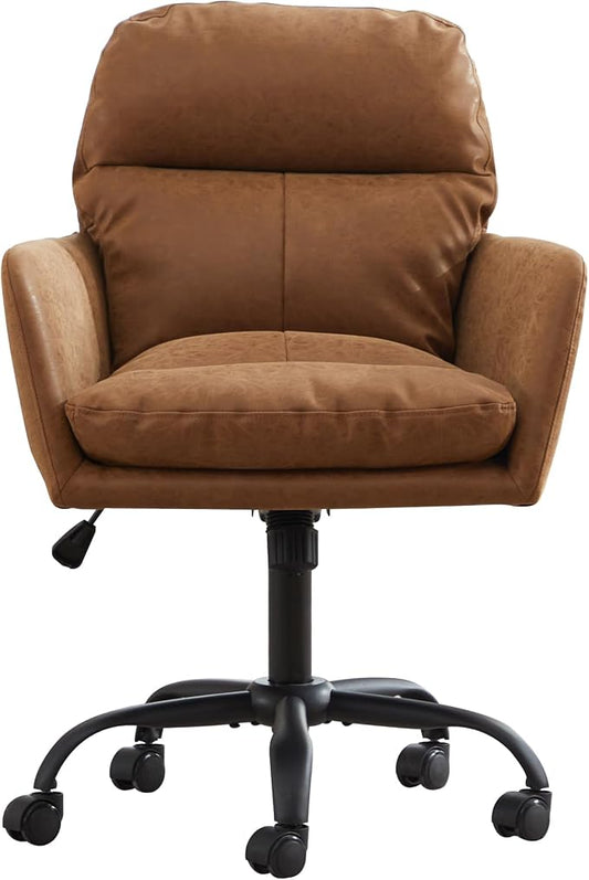 YITAI Adjustable Home Office Desk Chair with Comfy Square Mid-Back, Faux Leather 360 Swivel Upholstered Task Armchair with Wheels for Vanity Bedroom/Living Room,Study Brown