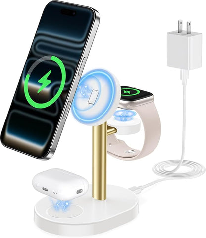 Hevanto 2026 3 in 1 Wireless Charging Station for Apple MagSafe Charger, 15W Fast Magnetic Mag-Safe Charger Stand for iPhone 17 16 15 14 13 12 Apple Watch AirPods Series, Gold&White