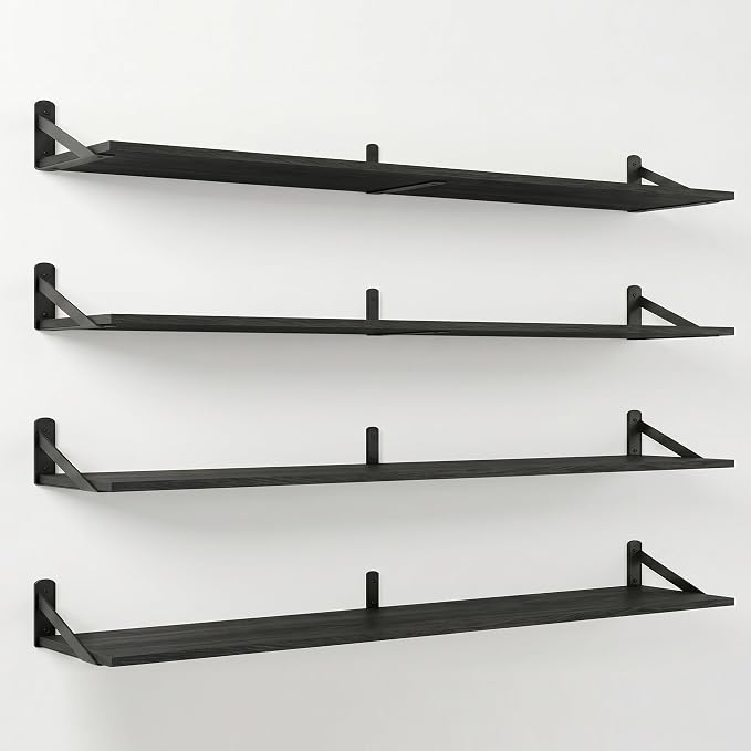 Long Wall Shelf,Large Floating Shelves for Wall,Wood Floating Bookshelves Hanging,Book Storage Display for Living Room Bedroom Office Bathroom Decor,4 Pack,57 Inch,Rustic Black