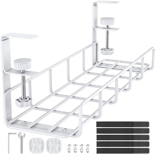 15.7” Under Desk Cable Management Tray, No Drill Heavy Duty Steel Standing Desk Cable Management, Wire Management Tray Cable Rack with Clamp Mount, Adjustable Metal Under Desk Tray (White, 1 Pack)