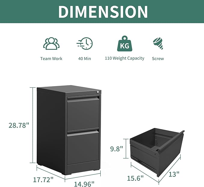 2 Drawer File Cabinet with Lock,Metal Vertical Filing Cabinets for Home Office,Heavy Duty File Storage Cabinet for Letter/Legal/A4/F4 Size File,Assembly Require (Black, Vertical 2 Drawer)