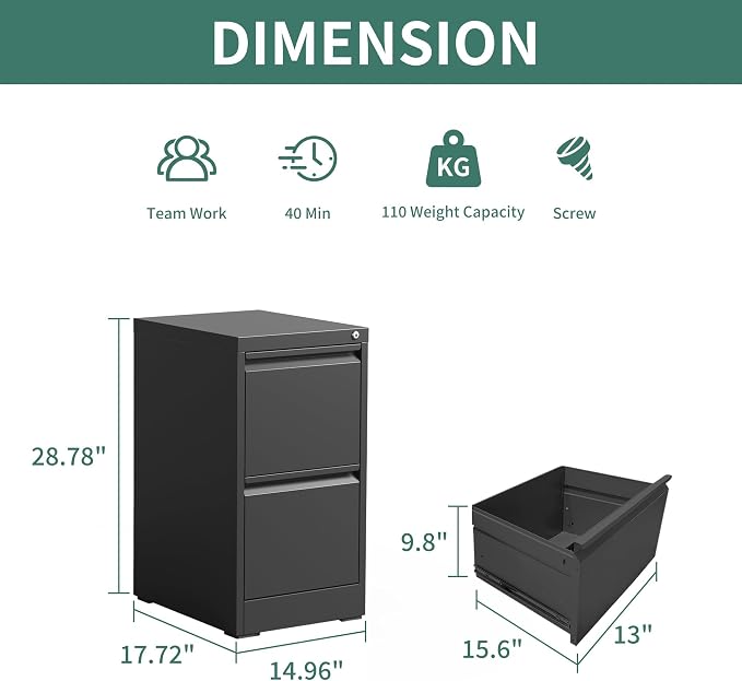2 Drawer File Cabinet with Lock, Steel Vertical Filing Cabinets for Home Office, Small Metal Storage Cabinet for Hanging Legal/Letter Size Files, Assembly Required (Black)