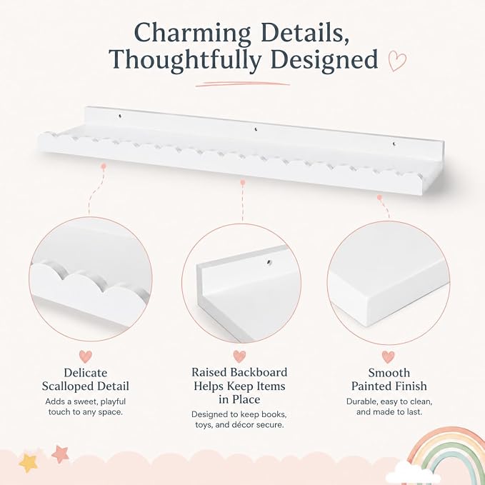 Extra Long White Scalloped Nursery Shelves for Wall, 4-Pack 31.5 Inch Floating Book Shelves for Kids Room, Wall Mounted Bookshelves for Bedroom, Playroom, Book and Decor Display