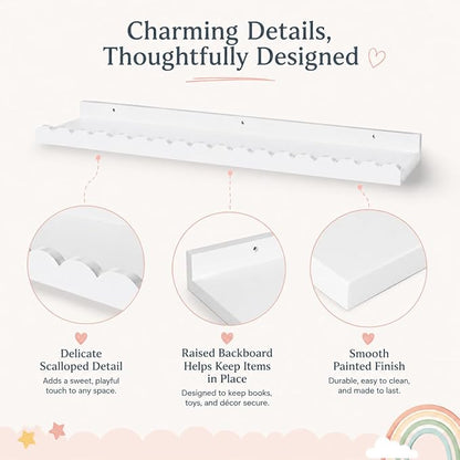 Extra Long White Scalloped Nursery Shelves for Wall, 4-Pack 31.5 Inch Floating Book Shelves for Kids Room, Wall Mounted Bookshelves for Bedroom, Playroom, Book and Decor Display