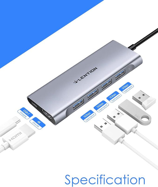 LENTION USB C Hub Multiport Adapter with 4K HDMI, 100W Charging, 4 USB 3.0 5Gbps Splitter Compatible 2016-2025 MacBook Pro, Mac Air, Surface, iPhone & Type-C Devices, Stable Driver(C35, Space Gray)