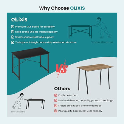 OLIXIS 47 Inch Home Office Desk, Small Computer Work Table with X-Shaped Reinforcement, Modern Simple Writing and Study Desk for Home Office, Bedroom, or Dorm Room, Black