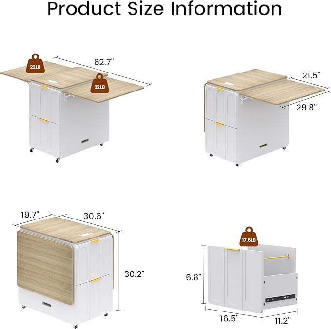ModernMate 3-in-1 Folding Desk & File Cabinet, Fluted Multi-Storage Workspace with 4 Drawers, Lockable Wheels | Power Outlet | Fits A4/Letter Files, Space-Saving for Small Home Office, Light Walnut