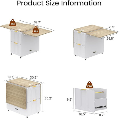 ModernMate 3-in-1 Folding Desk & File Cabinet, Fluted Multi-Storage Workspace with 4 Drawers, Lockable Wheels | Power Outlet | Fits A4/Letter Files, Space-Saving for Small Home Office, Light Walnut