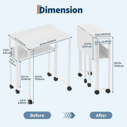 Folding Desk Small Rolling Desk with Storage Shelf,24.8 Inch Foldable Computer Table with Wheels,Portable Office Desk for Small Space Sofa Table,Easy to Fold,Writing Work Office Computer Desk,White