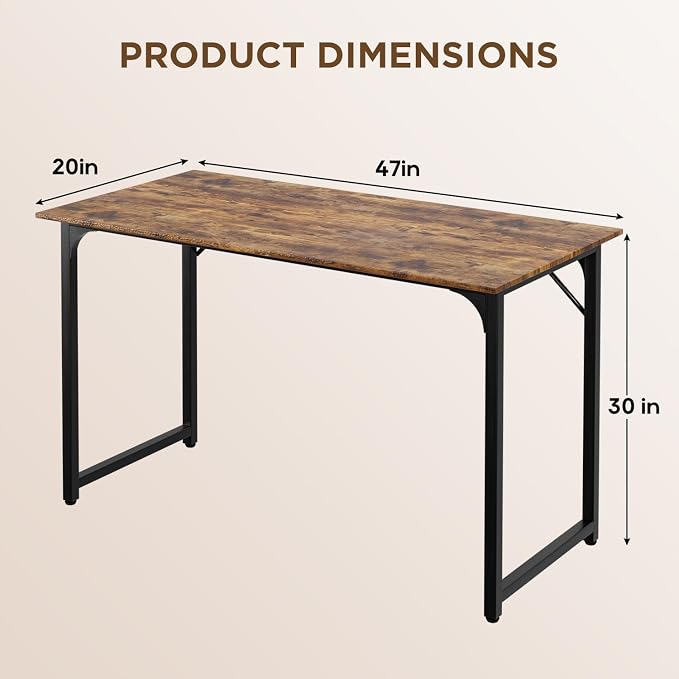 PayLessHere | 47 Inch Computer Desk | Brown | Office Desk with Metal Frame, Adjustable Feet | Water-Resistant, Scratchproof Surface | Sturdy Writing Table for Home Office or Study | Pack of 1