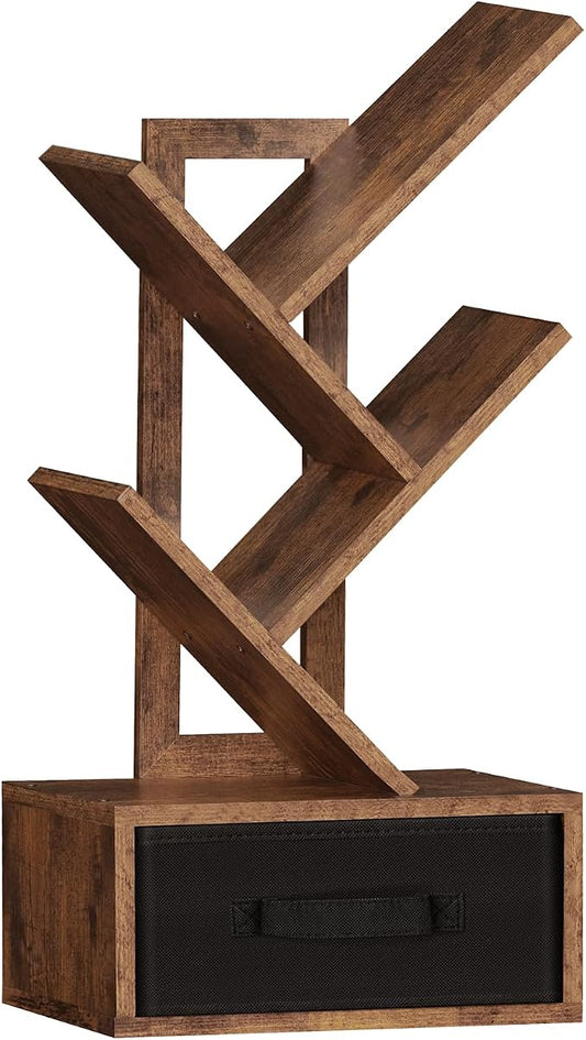 SHEEPAM Small Bookshelf with Drawer,4 Tier Tree Book Shelf,Wood Desk Bookshelves,Modern Free Standing Desktop Display Shelves,Brown Floor Standing Organizer Bookcase for Living Room,Bedroom,Office