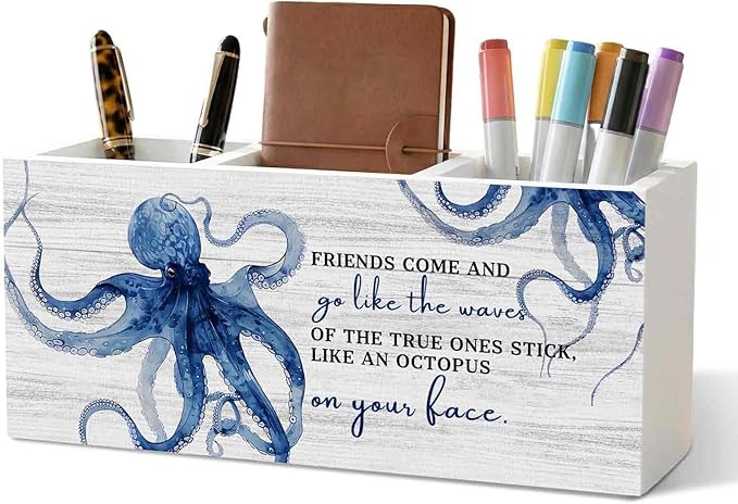 Friends Gifts Pencil Pen Holder for Desk Organizer, Friendship Gifts for Women Men, Coastal Beach Octopus Wooden Box Decorations for Home Office Bedroom Desk Tabletop Decor