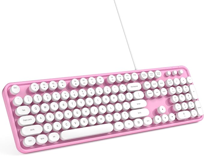 MOWUX Computer Keyboard Wired, Plug and Play USB Retro Round Typewriter Keyboard, Full Size Wired Keyboard with Foldable Stands for Laptop and Office PC- Pink