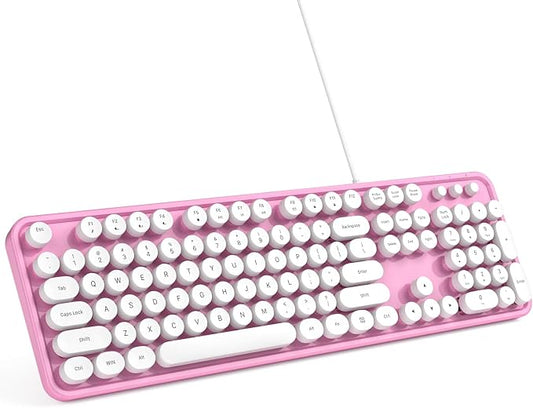 MOWUX Computer Keyboard Wired, Plug and Play USB Retro Round Typewriter Keyboard, Full Size Wired Keyboard with Foldable Stands for Laptop and Office PC- Pink