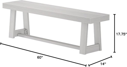 Plank+Beam 60 Inch Farmhouse Dining Bench, Solid Wood Entryway Bench, Wooden Outdoor Bench, Kitchen Dining Seat, Dining Room, Home Office, Living Room Furniture, Easy Assembly, White Wirebrush