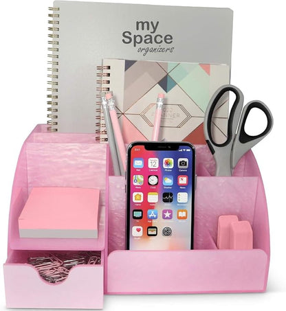 My Space Organizers Pink Desk Organizer Office, Acrylic, with Drawer, 9 Compartments, Supplies and Cool Desk Accessories Organizer, Desktop Pen Holder (Pink)
