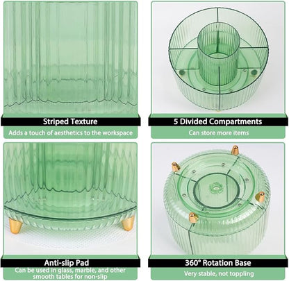 SKYDUE Rotating Pencil Pen Holder, Pen Organizer with 5 Slots - Aesthetic Desk Organizer and Accessories for School, Home, Office Supplies, Clear Green
